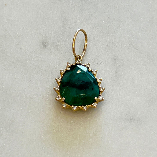 Vintage Pear Shaped Emerald + Diamond + 14k Yellow Gold Pendant