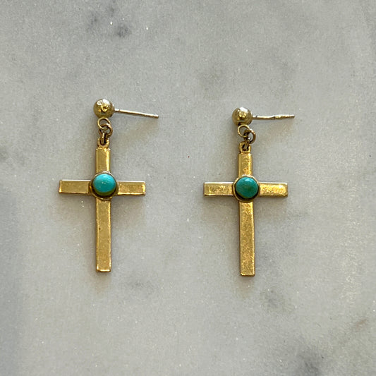 Vintage Turquoise Cabochon + 14k Yellow Gold Cross Studs Earrings