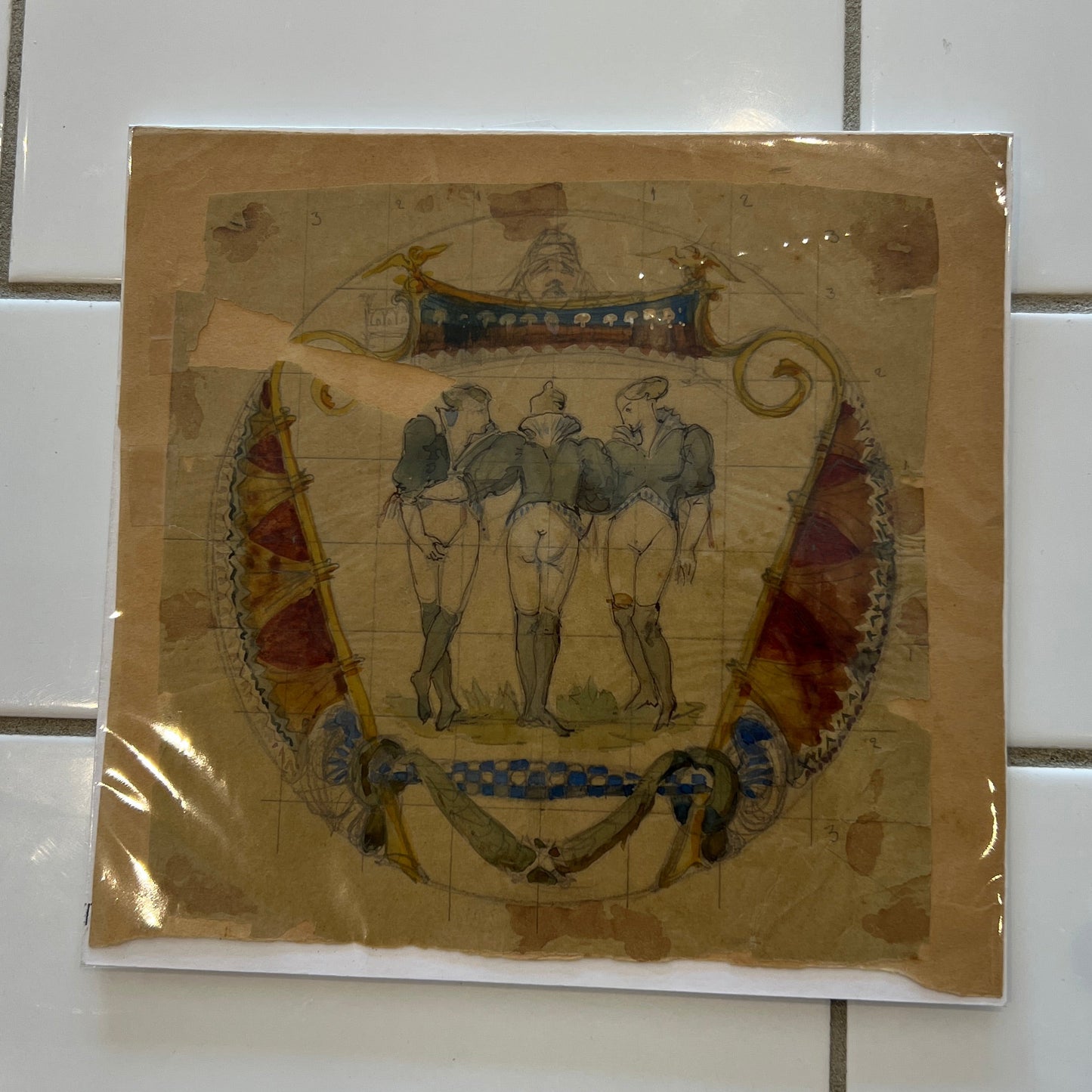 Antique Three Figure Plaque Painting
