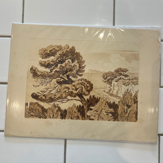Antique Sepia "Pine Tree by the Sea" Print