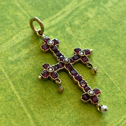 Antique Georgian Seed Pearl + Garnet + 12ct Yellow Gold Cross Pendant
