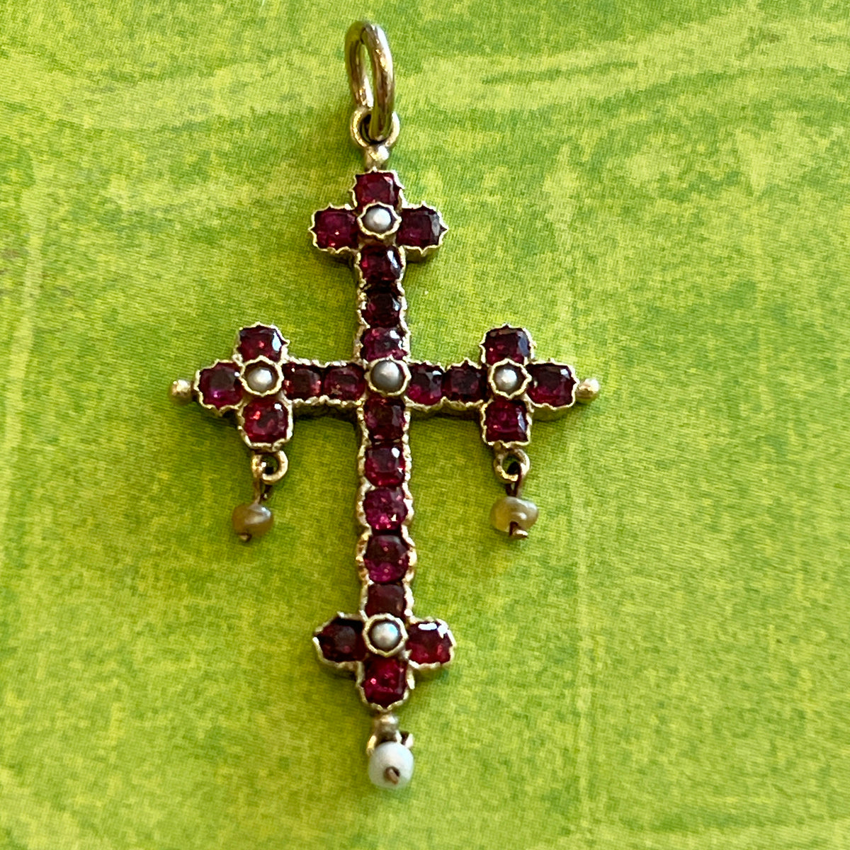 Antique Georgian Seed Pearl + Garnet + 12ct Yellow Gold Cross Pendant