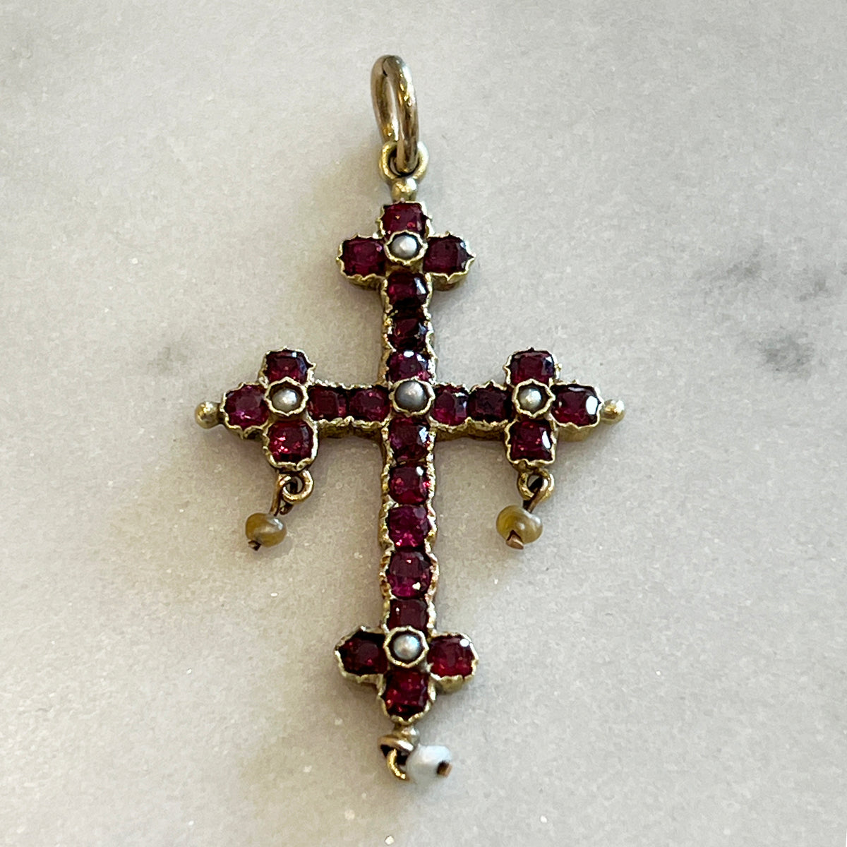 Antique Georgian Seed Pearl + Garnet + 12ct Yellow Gold Cross Pendant
