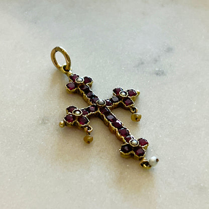 Antique Georgian Seed Pearl + Garnet + 12ct Yellow Gold Cross Pendant