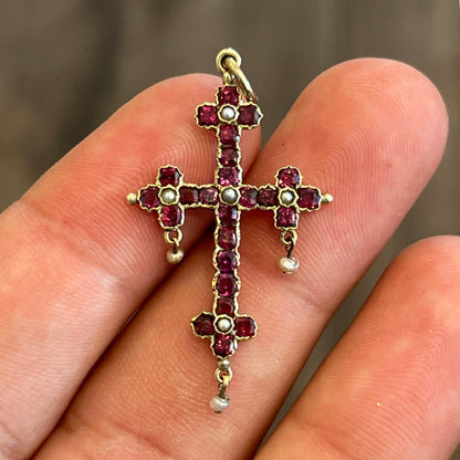 Antique Georgian Seed Pearl + Garnet + 12ct Yellow Gold Cross Pendant