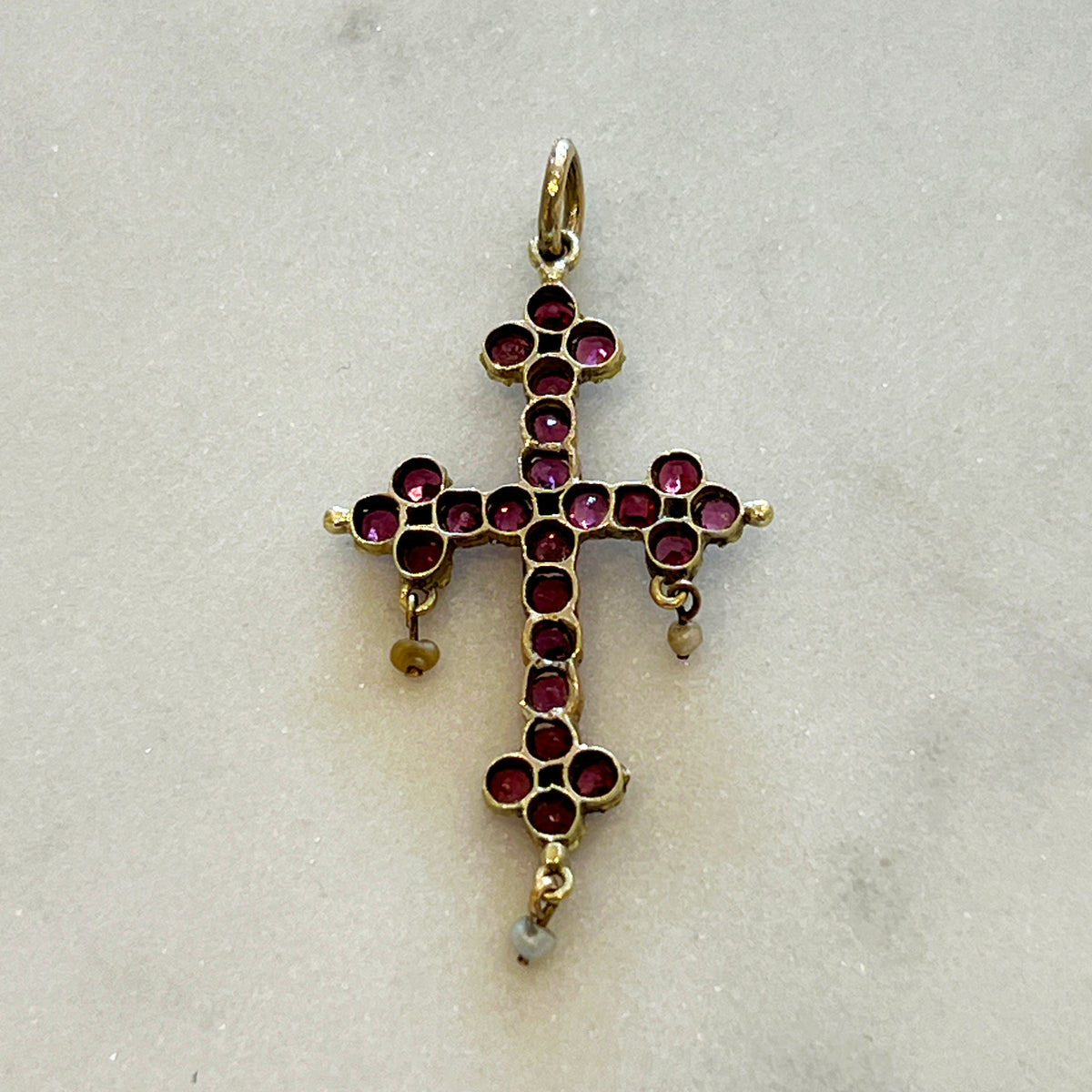 Antique Georgian Seed Pearl + Garnet + 12ct Yellow Gold Cross Pendant