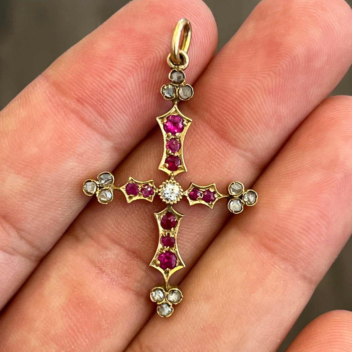 Antique Ruby + Diamond + 18k Yellow Gold Cross