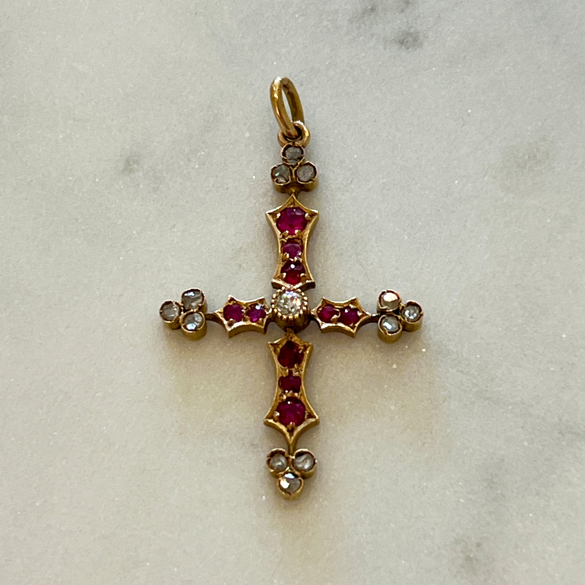 Antique Ruby + Diamond + 18k Yellow Gold Cross