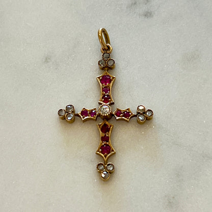 Antique Ruby + Diamond + 18k Yellow Gold Cross