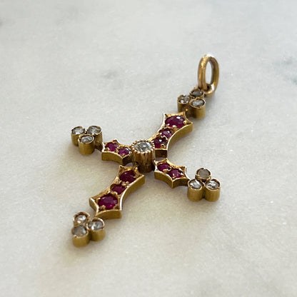 Antique Ruby + Diamond + 18k Yellow Gold Cross
