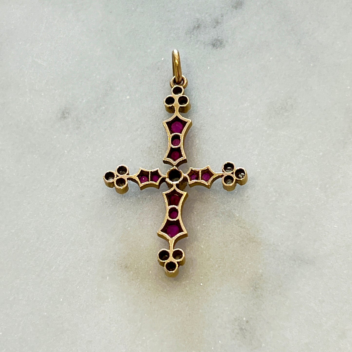 Antique Ruby + Diamond + 18k Yellow Gold Cross