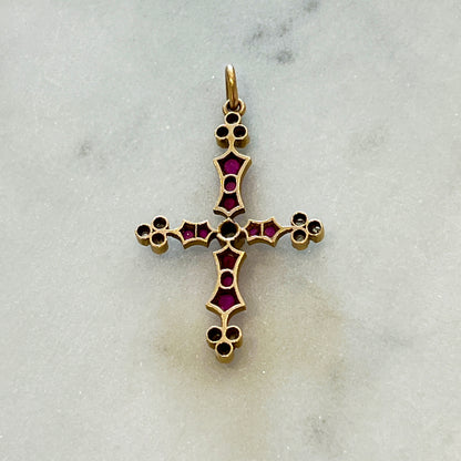 Antique Ruby + Diamond + 18k Yellow Gold Cross