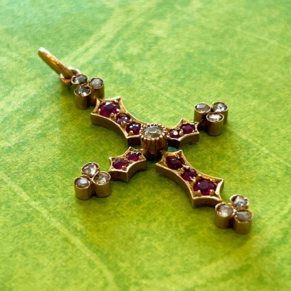 Antique Ruby + Diamond + 18k Yellow Gold Cross