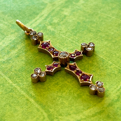 Antique Ruby + Diamond + 18k Yellow Gold Cross
