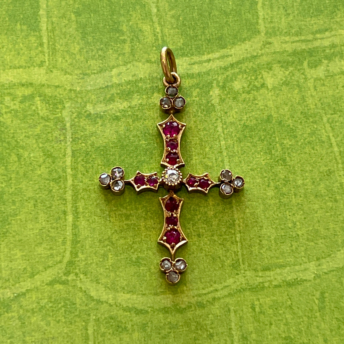 Antique Ruby + Diamond + 18k Yellow Gold Cross
