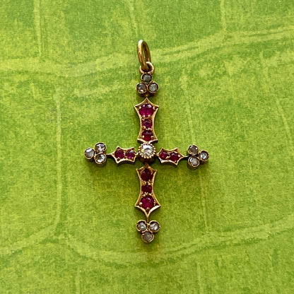 Antique Ruby + Diamond + 18k Yellow Gold Cross