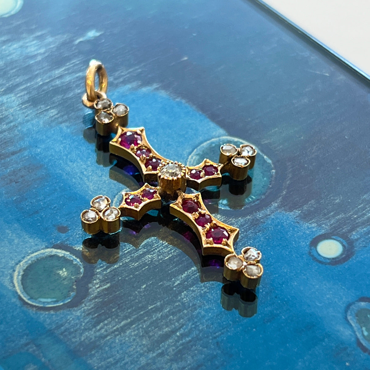 Antique Ruby + Diamond + 18k Yellow Gold Cross