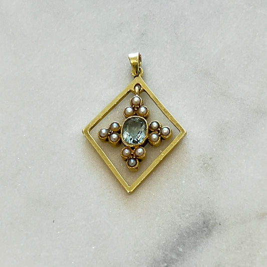 Antique Edwardian Aquamarine + Pearl + 18ct. Yellow Gold Pendant