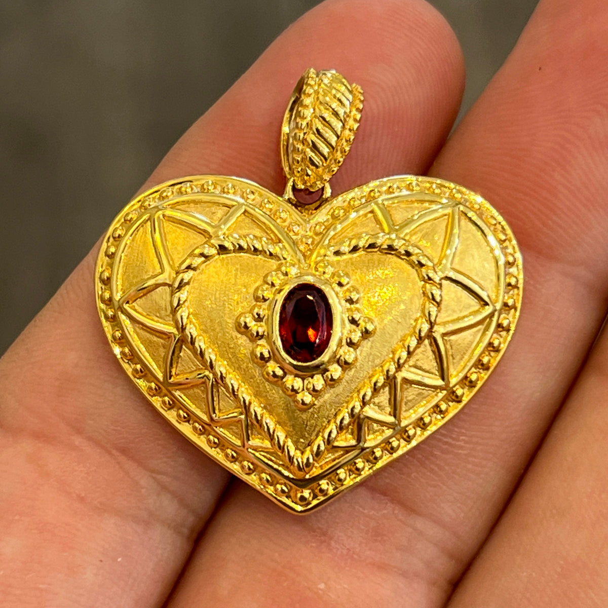 Vintage Garnet + 14k Yellow Gold Etrsucan Revival Puffy Heart Pendant