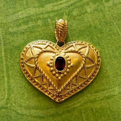 Vintage Garnet + 14k Yellow Gold Etrsucan Revival Puffy Heart Pendant