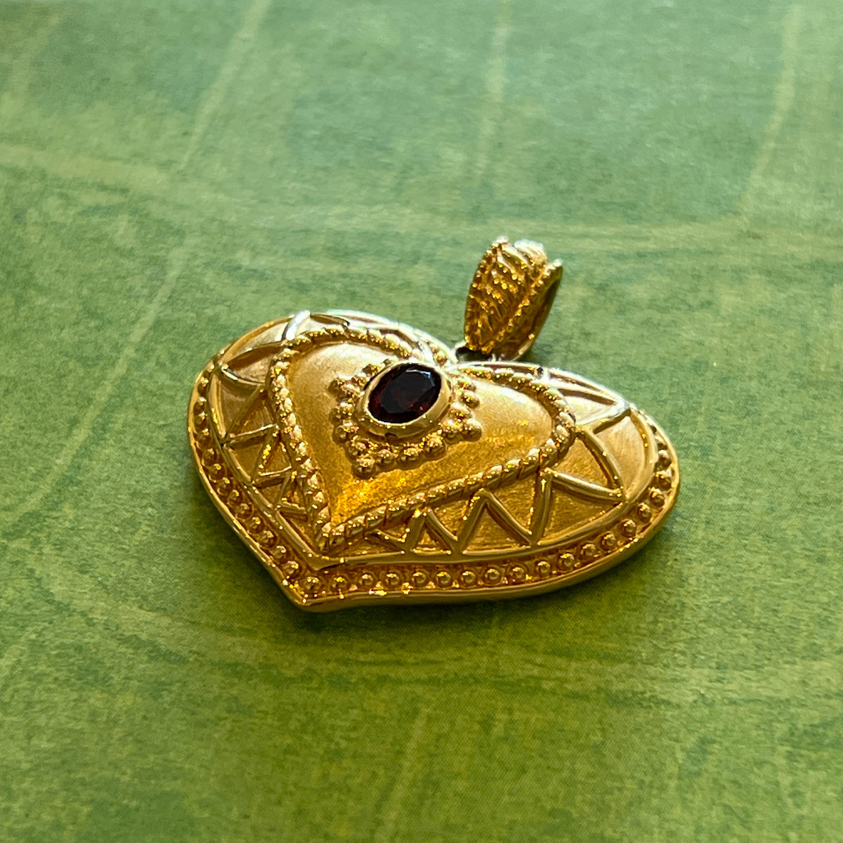 Vintage Garnet + 14k Yellow Gold Etrsucan Revival Puffy Heart Pendant