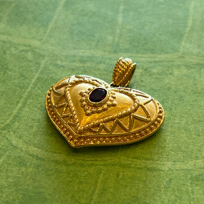 Vintage Garnet + 14k Yellow Gold Etrsucan Revival Puffy Heart Pendant