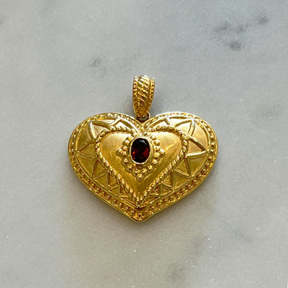 Vintage Garnet + 14k Yellow Gold Etrsucan Revival Puffy Heart Pendant