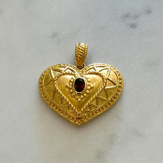 Vintage Garnet + 14k Yellow Gold Etrsucan Revival Puffy Heart Pendant
