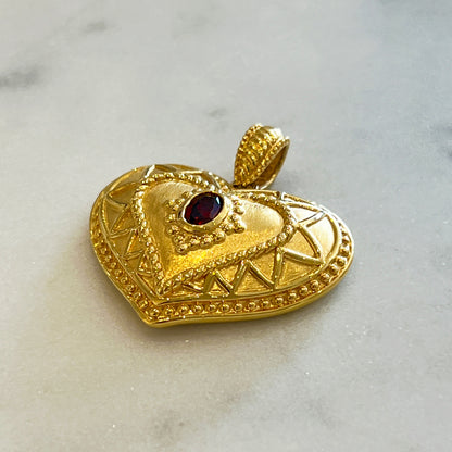Vintage Garnet + 14k Yellow Gold Etrsucan Revival Puffy Heart Pendant