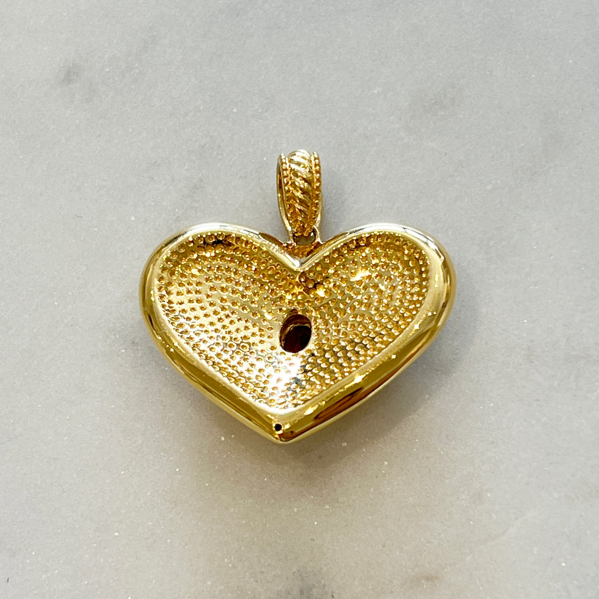 Vintage Garnet + 14k Yellow Gold Etrsucan Revival Puffy Heart Pendant