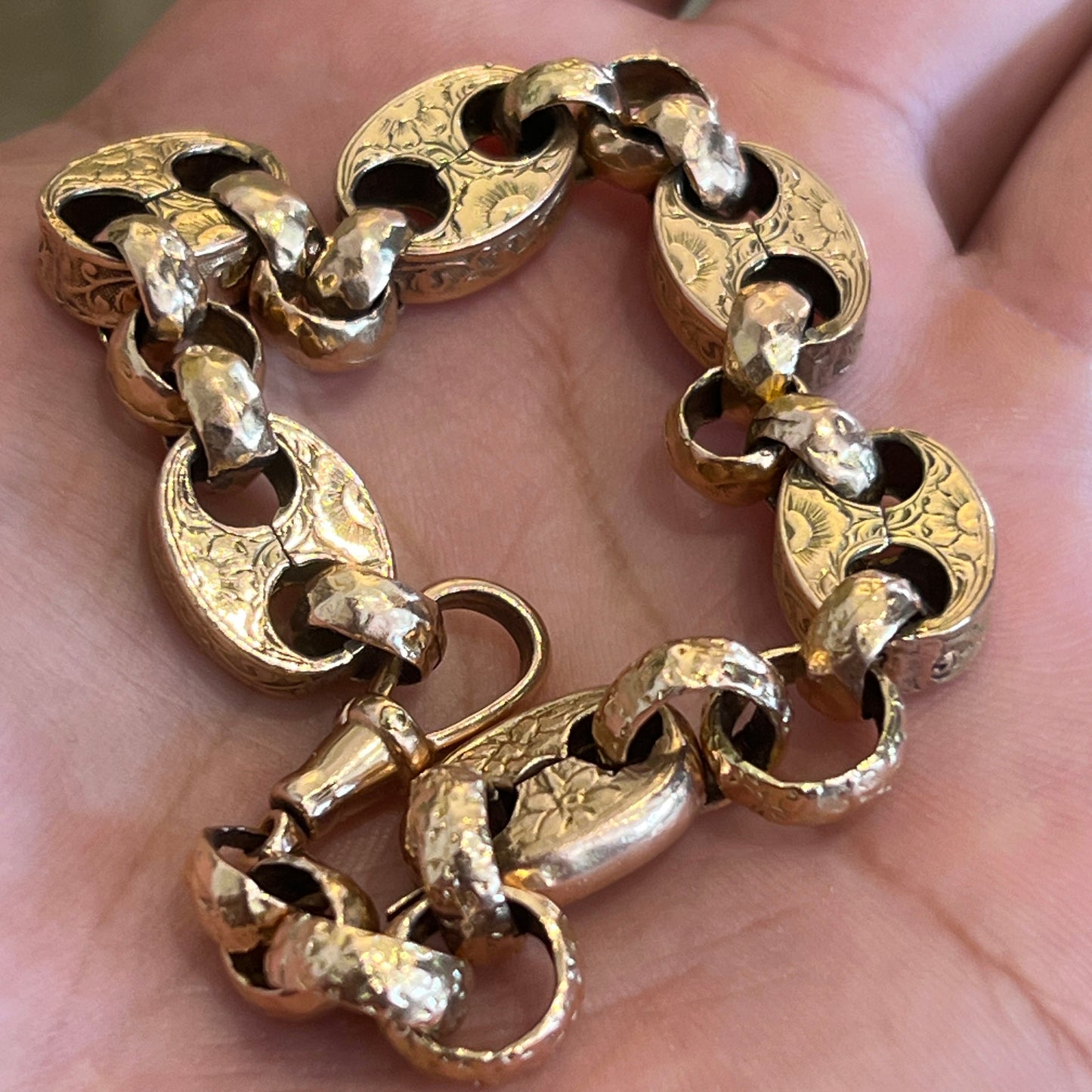 Antique Victorian 9ct. Rose Gold Engraved Mariner Link Bracelet with Dog Clip Clasp - 7.75"L