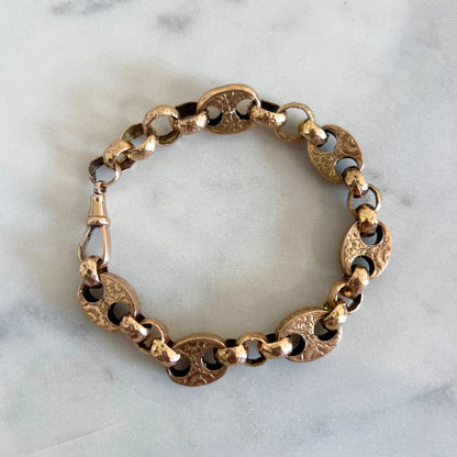 Antique Victorian 9ct. Rose Gold Engraved Mariner Link Bracelet with Dog Clip Clasp - 7.75"L