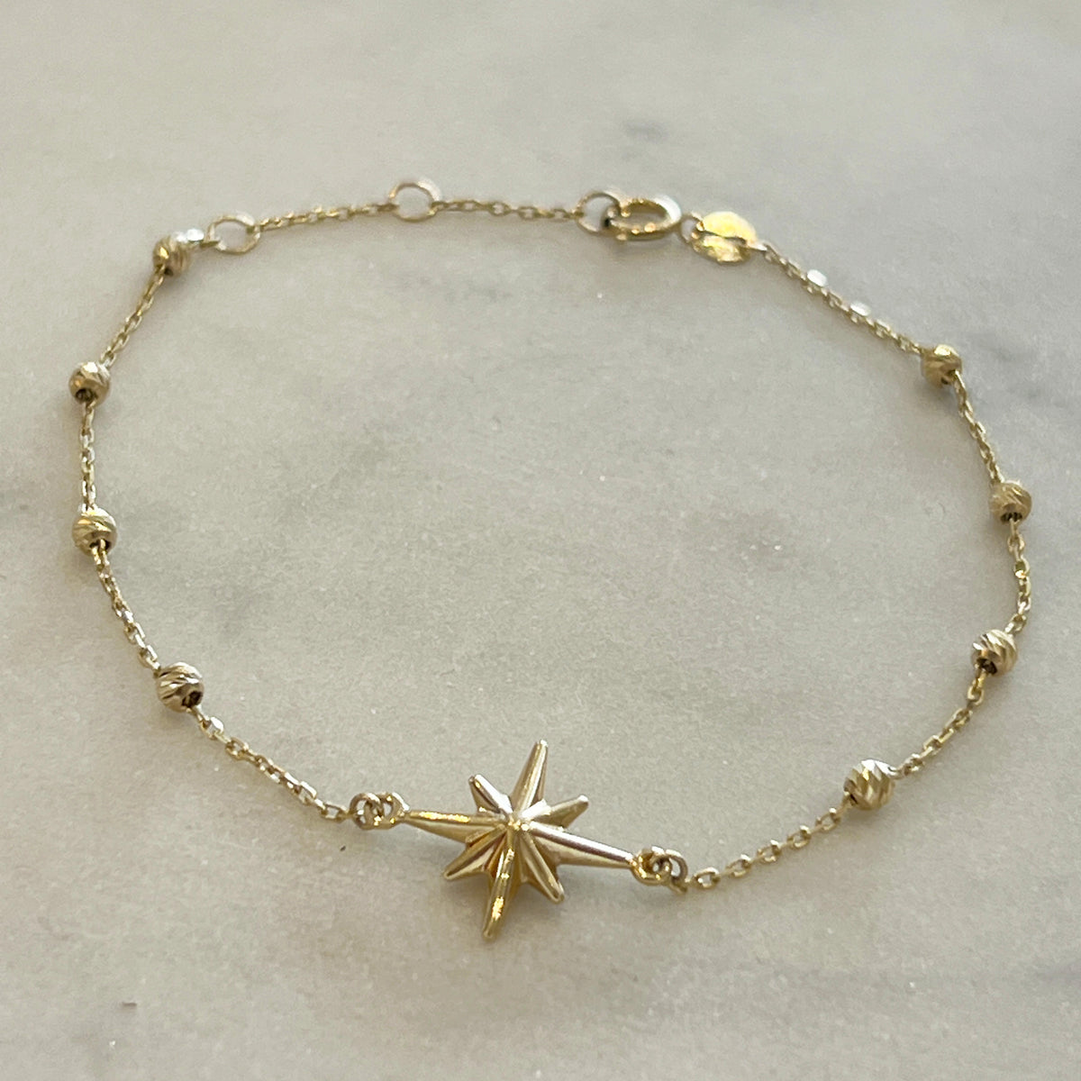 Estate 10k Yellow Gold Star Station Bracelet - 7.5"L