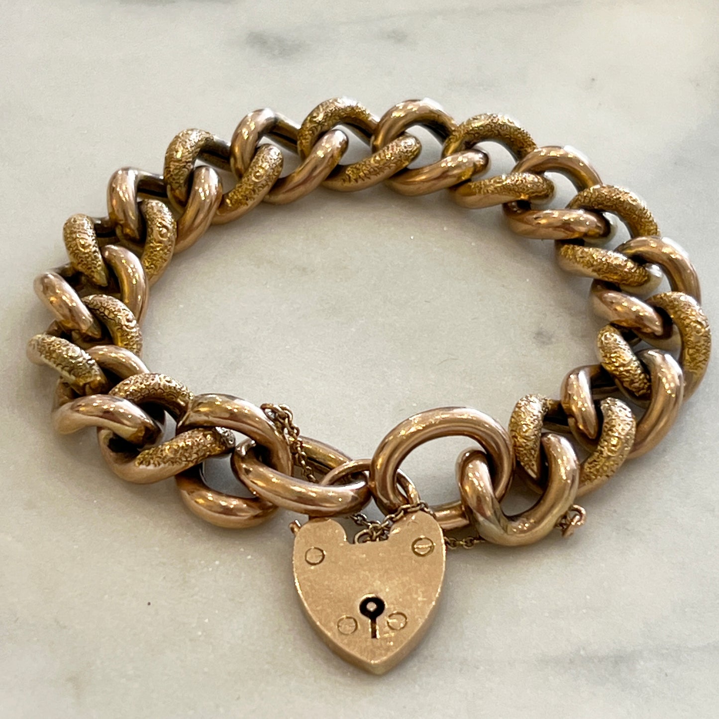 Antique Victorian 9ct Rose Gold Large Heart Lock Day + Night Curb Bracelet - 8"L