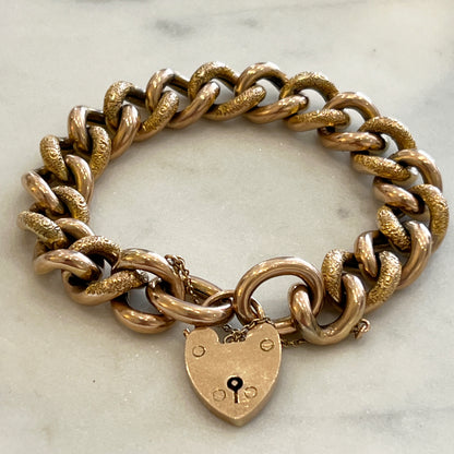 Antique Victorian 9ct Rose Gold Large Heart Lock Day + Night Curb Bracelet - 8"L