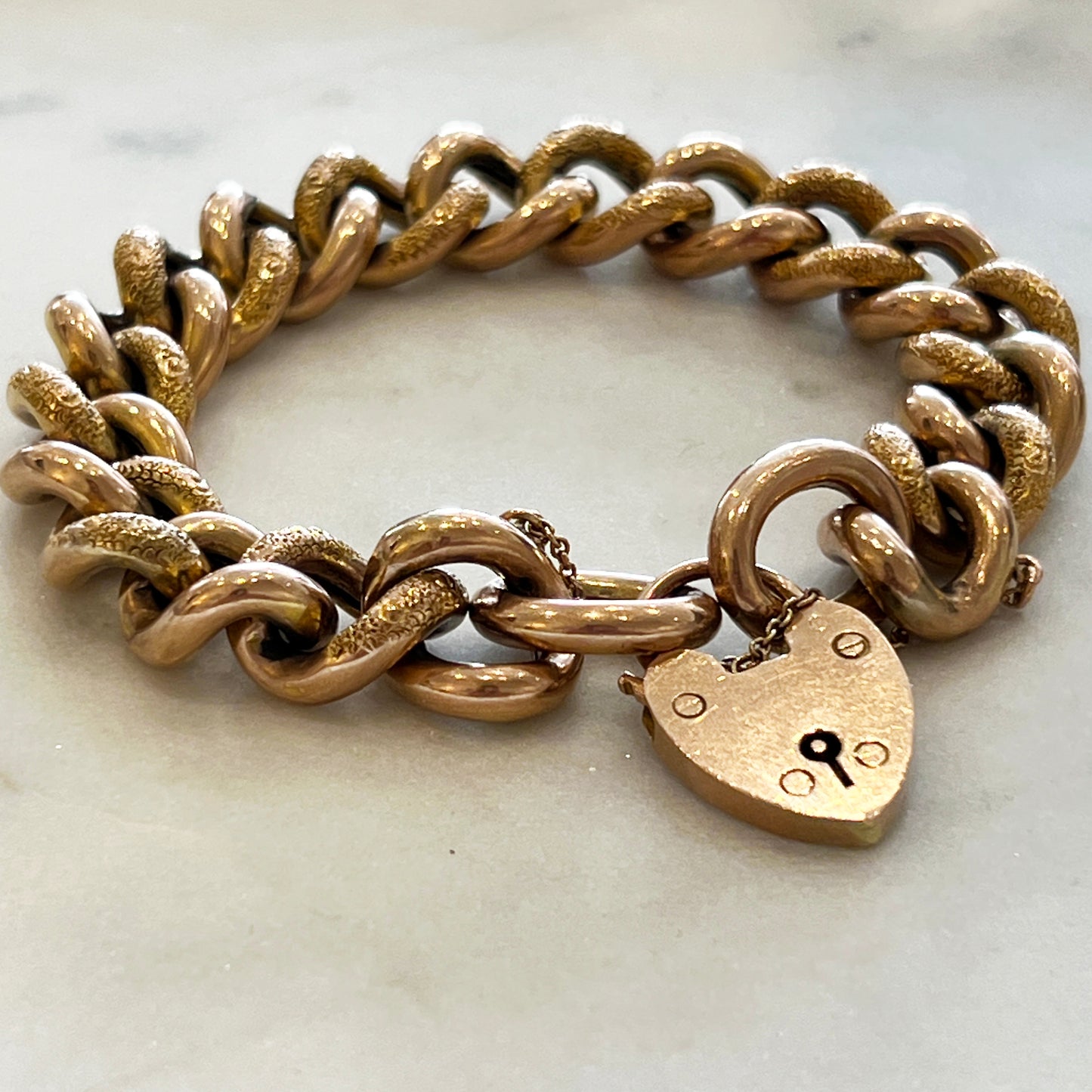 Antique Victorian 9ct Rose Gold Large Heart Lock Day + Night Curb Bracelet - 8"L