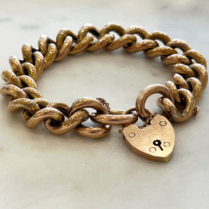 Antique Victorian 9ct Rose Gold Large Heart Lock Day + Night Curb Bracelet - 8"L