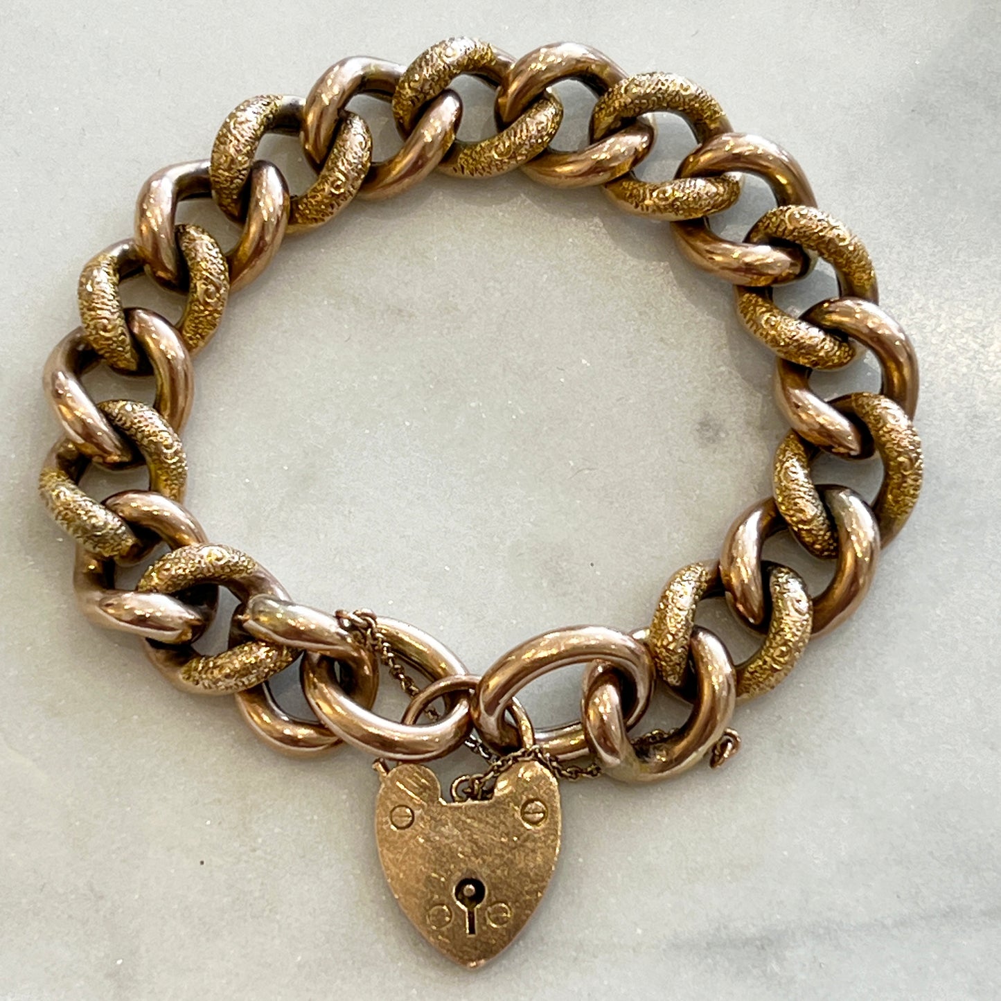 Antique Victorian 9ct Rose Gold Large Heart Lock Day + Night Curb Bracelet - 8"L