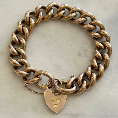 Antique Victorian 9ct Rose Gold Large Heart Lock Day + Night Curb Bracelet - 8"L