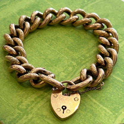 Antique Victorian 9ct Rose Gold Large Heart Lock Day + Night Curb Bracelet - 8"L