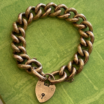 Antique Victorian 9ct Rose Gold Large Heart Lock Day + Night Curb Bracelet - 8"L