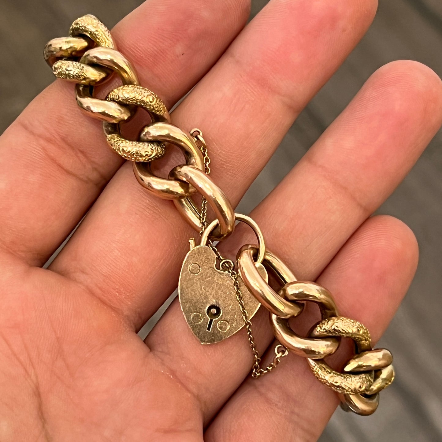 Antique Victorian 9ct Rose Gold Large Heart Lock Day + Night Curb Bracelet - 8"L