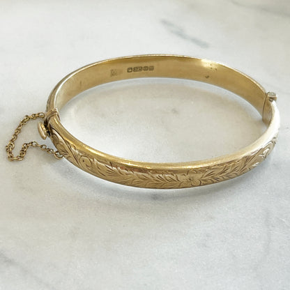 Vintage 9ct Yellow Gold Fully Engraved Bangle - 7.5"