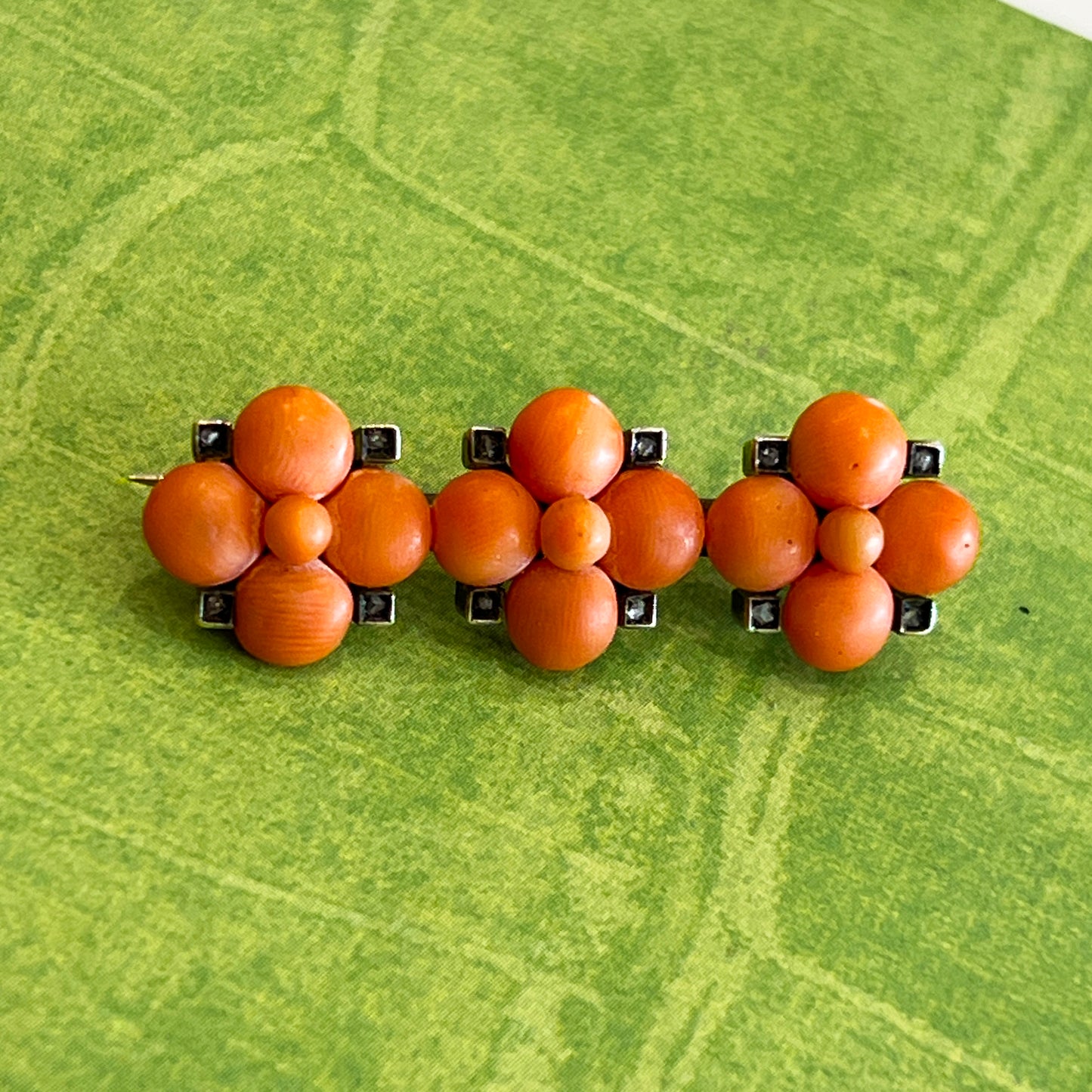 Antique Victorian Coral + Diamond + Silver Brooch