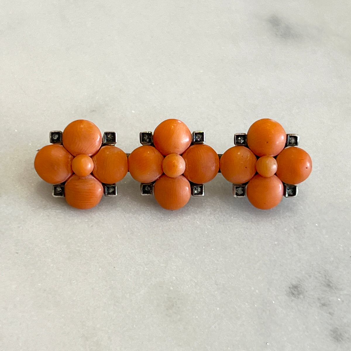 Antique Victorian Coral + Diamond + Silver Brooch