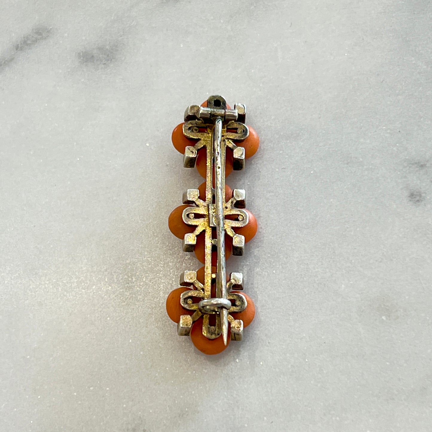 Antique Victorian Coral + Diamond + Silver Brooch