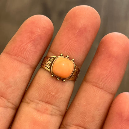 Antique Etruscan Revival Coral Ring - 9ct Yellow Gold - Sz 8