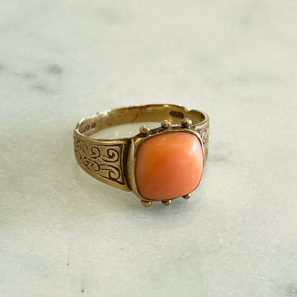 Antique Etruscan Revival Coral Ring - 9ct Yellow Gold - Sz 8