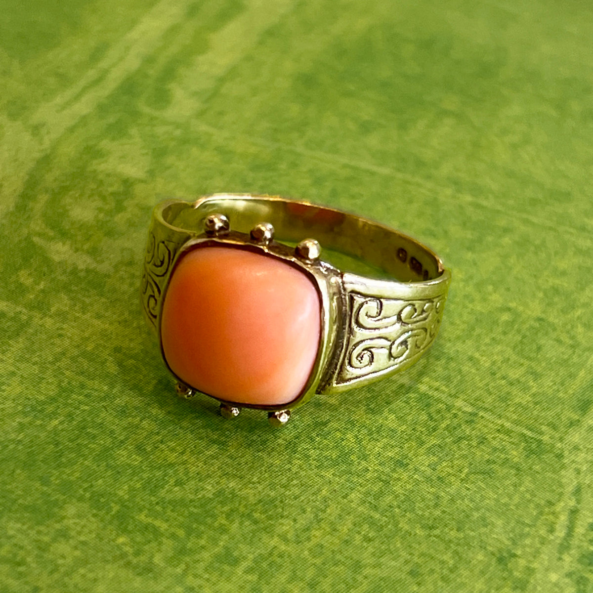Antique Etruscan Revival Coral Ring - 9ct Yellow Gold - Sz 8