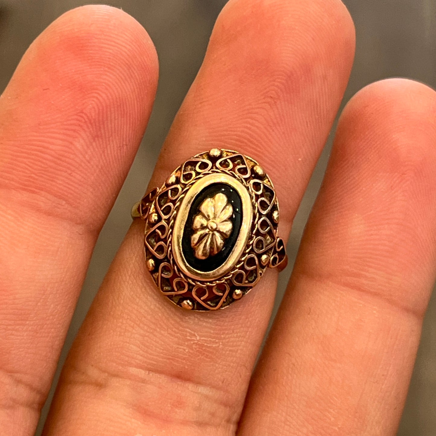 Vintage Black Enamel + 12k Rose Gold Ring - Sz. 8